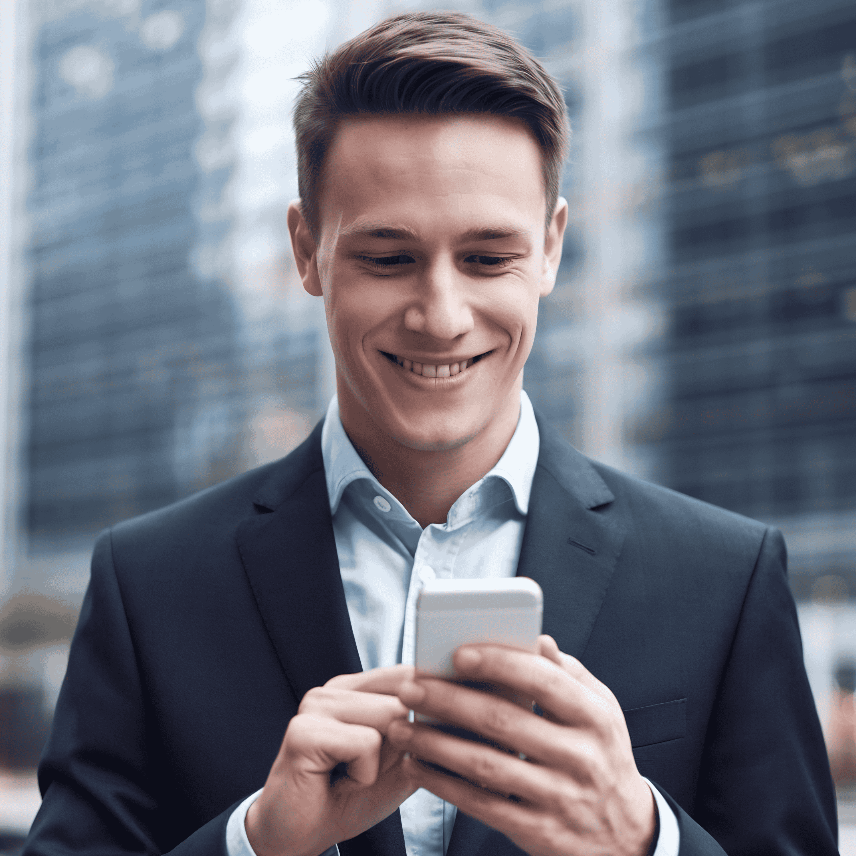 Young businessman in a dark suit jacket and light blue shirt smiles while using his smartphone outdoors, with a softly blurred urban building background suggesting a contemporary city environment.